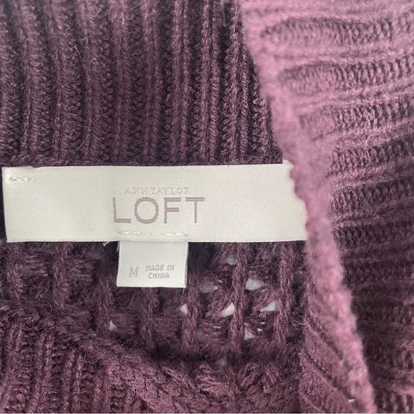 LOFT Camel Cotton Blend Loose Chunky Knit Mock Neck Sweater Tunic Wine Color M - Picture 11 of 13